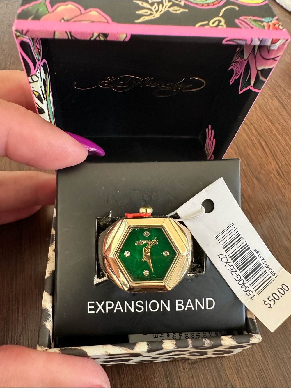 Ed Hardy Gold and Green Hexagon Expansion Band Finger Ring Watch